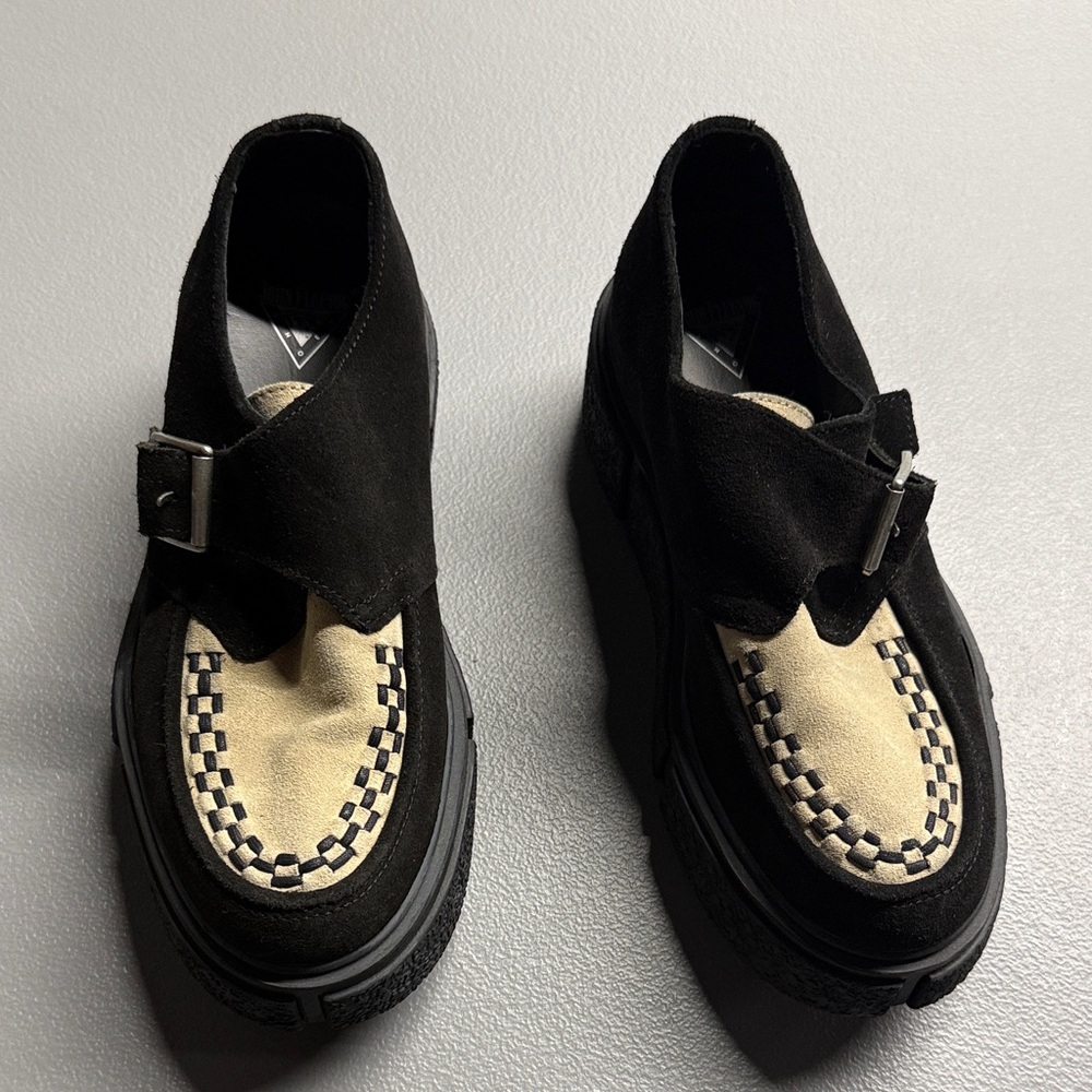 John Fluevog Black and Cream Suede Platform Monk Loafers